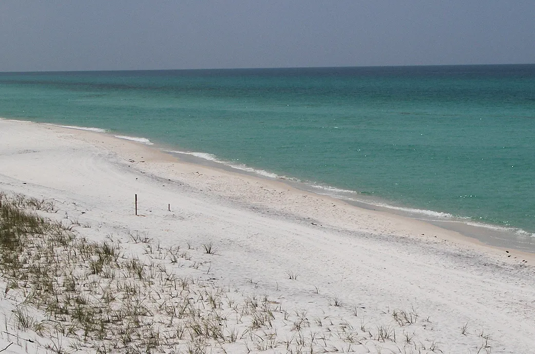 Empty white-sand beach and turquoise Gulf water at Grayton Beach State Park